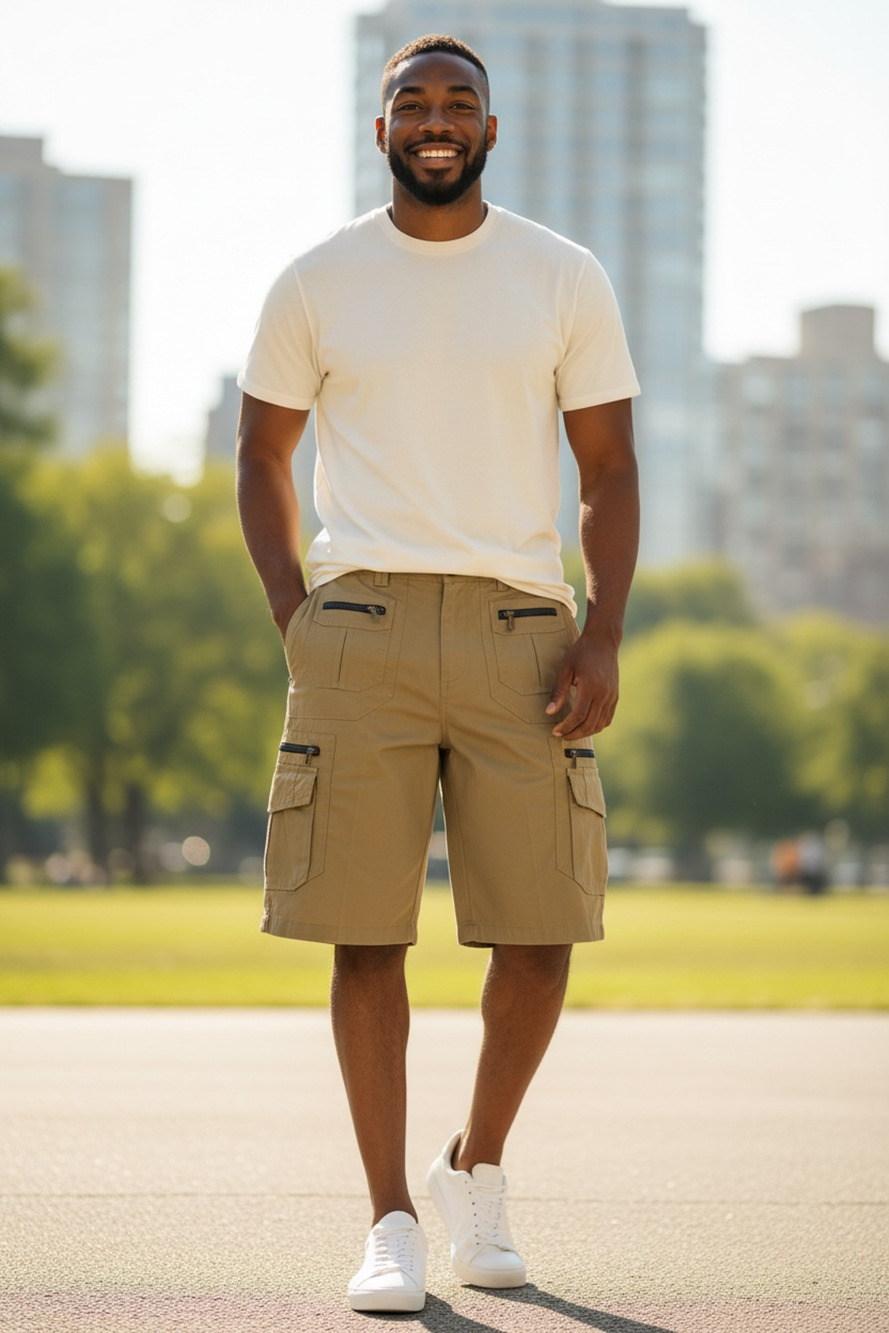 Men's Khaki Cargo Shorts with Zipper Pockets – Size Large